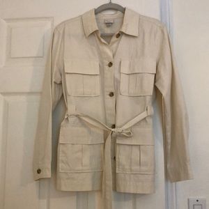 Size S, button down khaki shirt jacket with belted detail.